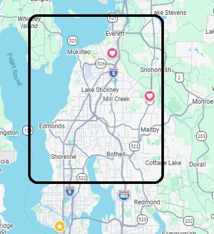 Map showing the typical service area centered near Lynnwood